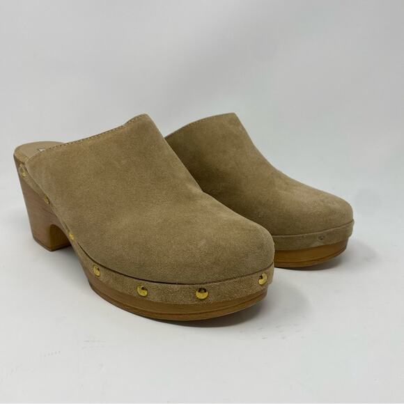 Steve Madden platform tan leather suede clogs womens size 10 gold brads - Picture 2 of 10